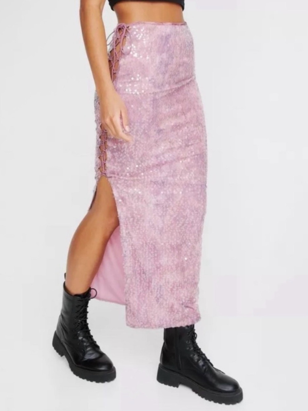 NASTY GAL Pink Sequin Lace-Up Side Maxi Skirt - NEW WITH TAGS - XS